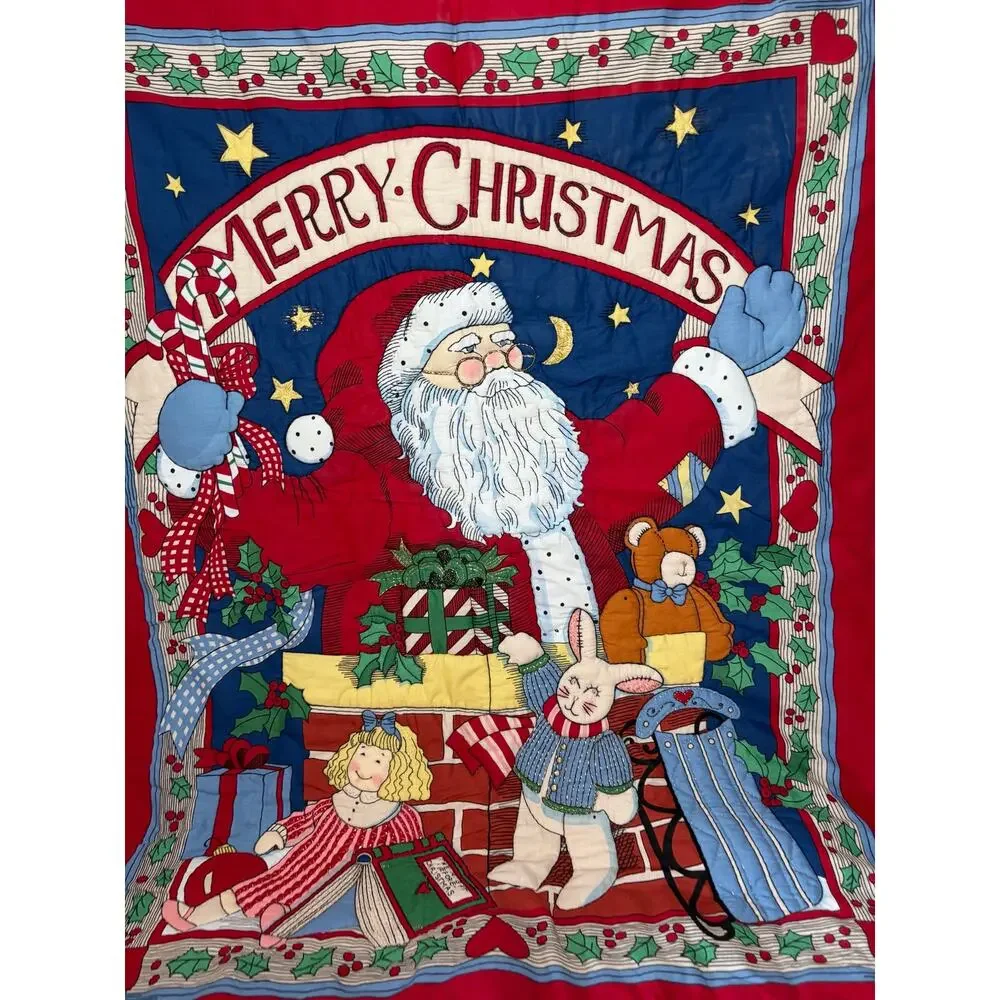 VINTAGE Christmas Santa Claus Wallhanging Screen Print Decoration Holiday 37”x46